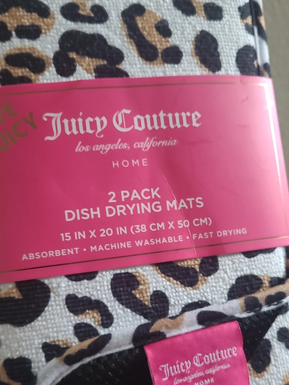 Juicy Couture Leopard Print Dish Drying Mats & Pink Trim Mini Mitts